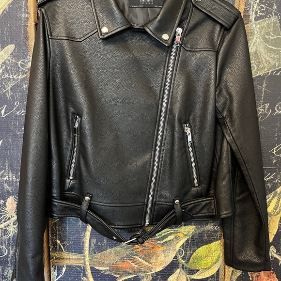 ZARA Moto Jacket Leather Faux Size XL Black Silver Zippers WOW - Picture 13 of 14